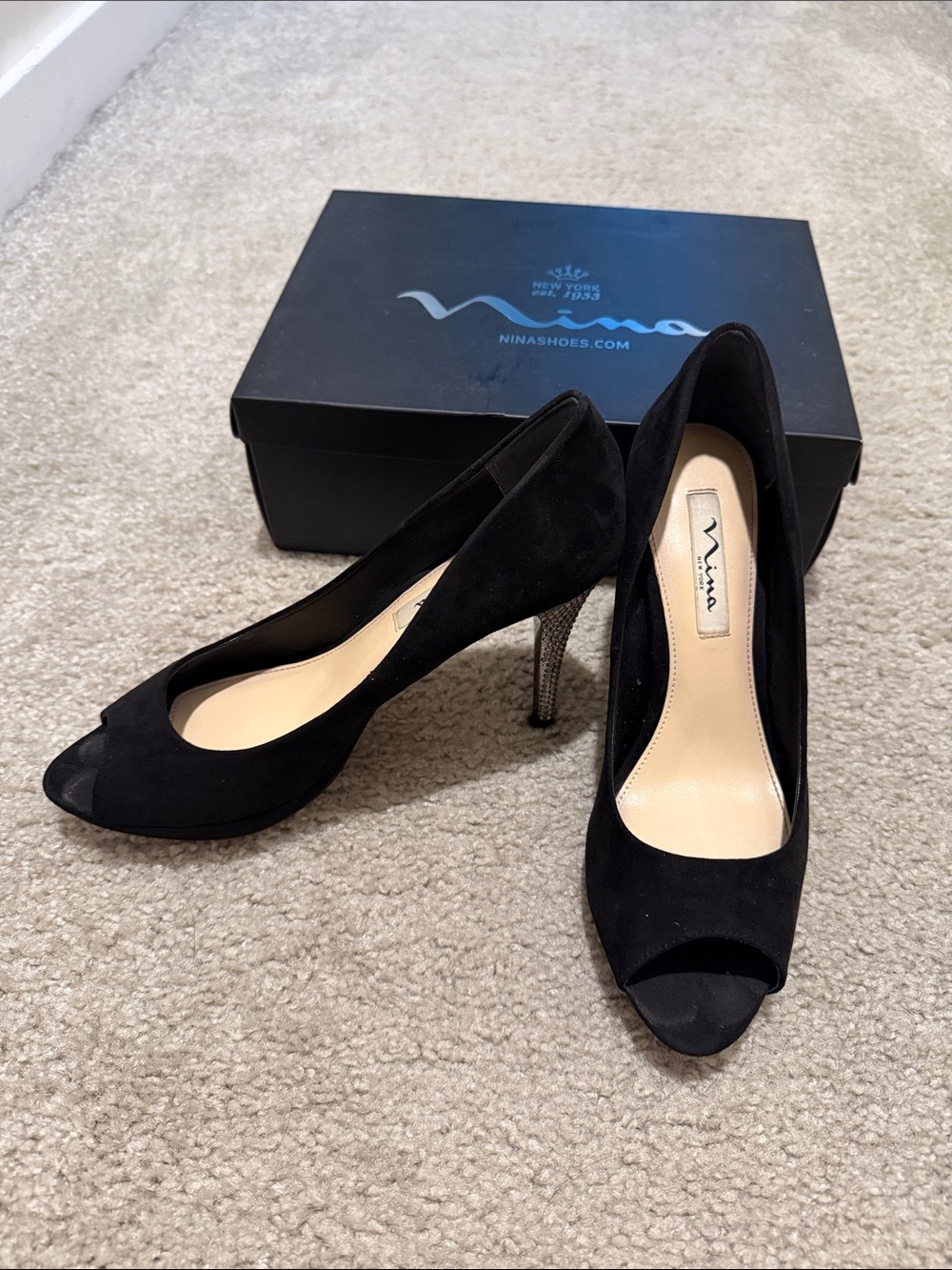 Nina Black Suede Peep-Toe Heels with Embellished Stiletto